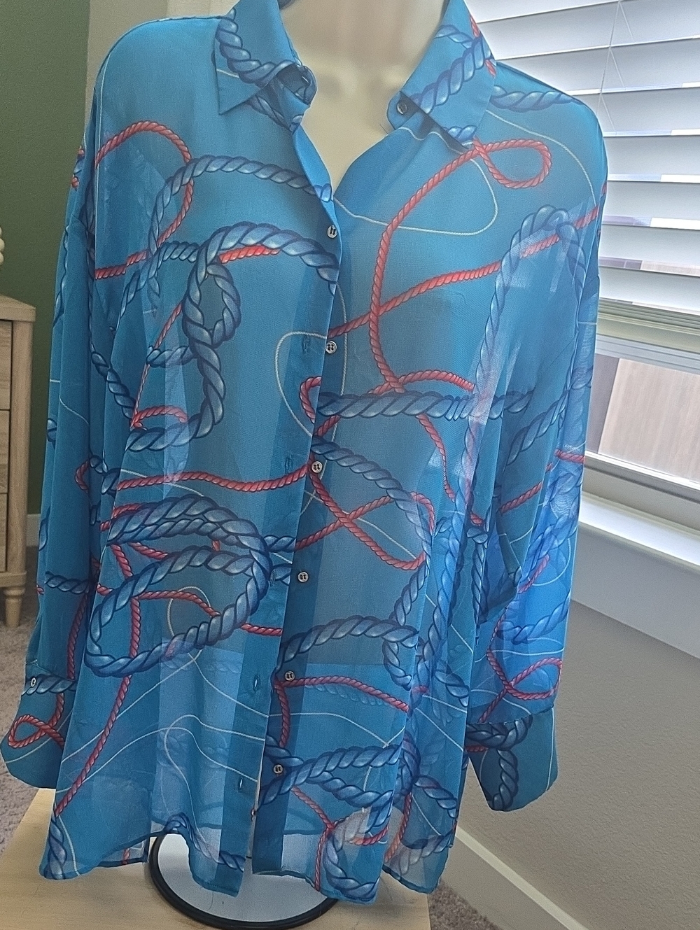 Zara Blue Sheer Rope-Print Button-Down Shirt